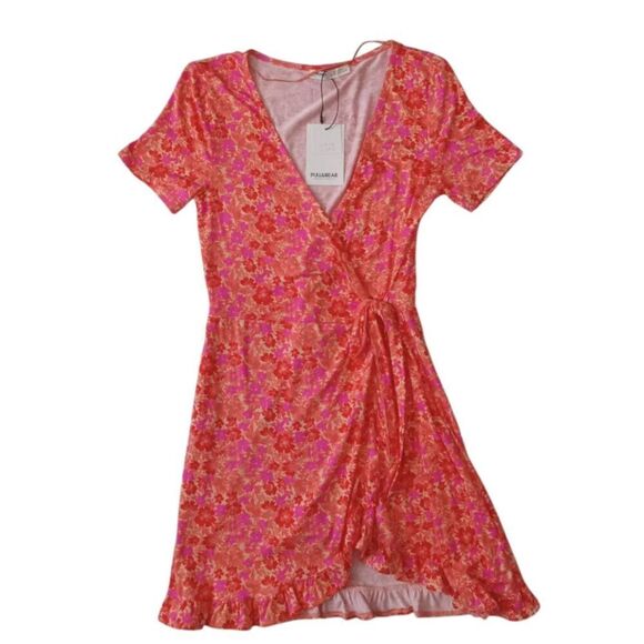 Pull&Bear Orange & Red Floral Print Mini Length Wrap Front Dress Women's Medium - Picture 1 of 12